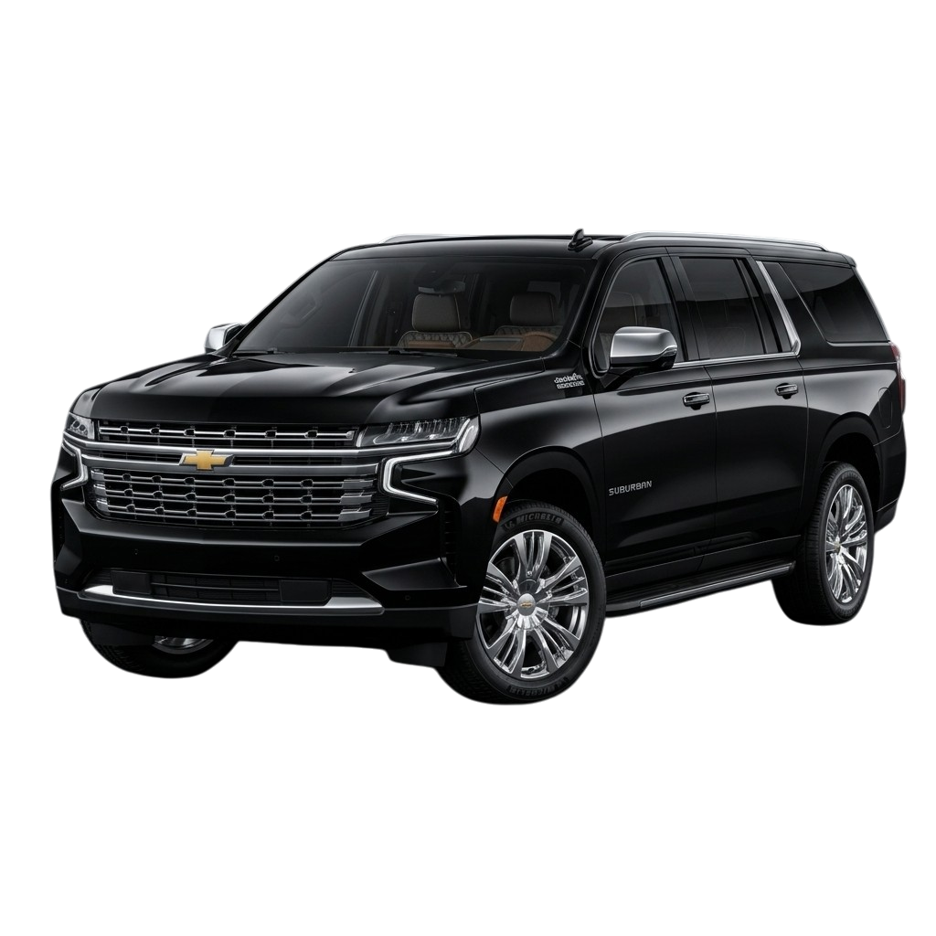 Black luxury SUV car isolated on dark background, ideal for airport transfer, family travel, and chauffeur services.