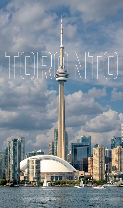Toronto skyline featuring the CN Tower and downtown buildings with waterfront view under a cloudy sky.